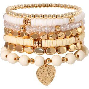 Womens Boho Beaded Bracelets Stackable Clay Surfer Stretch Gold Layering Jewelry